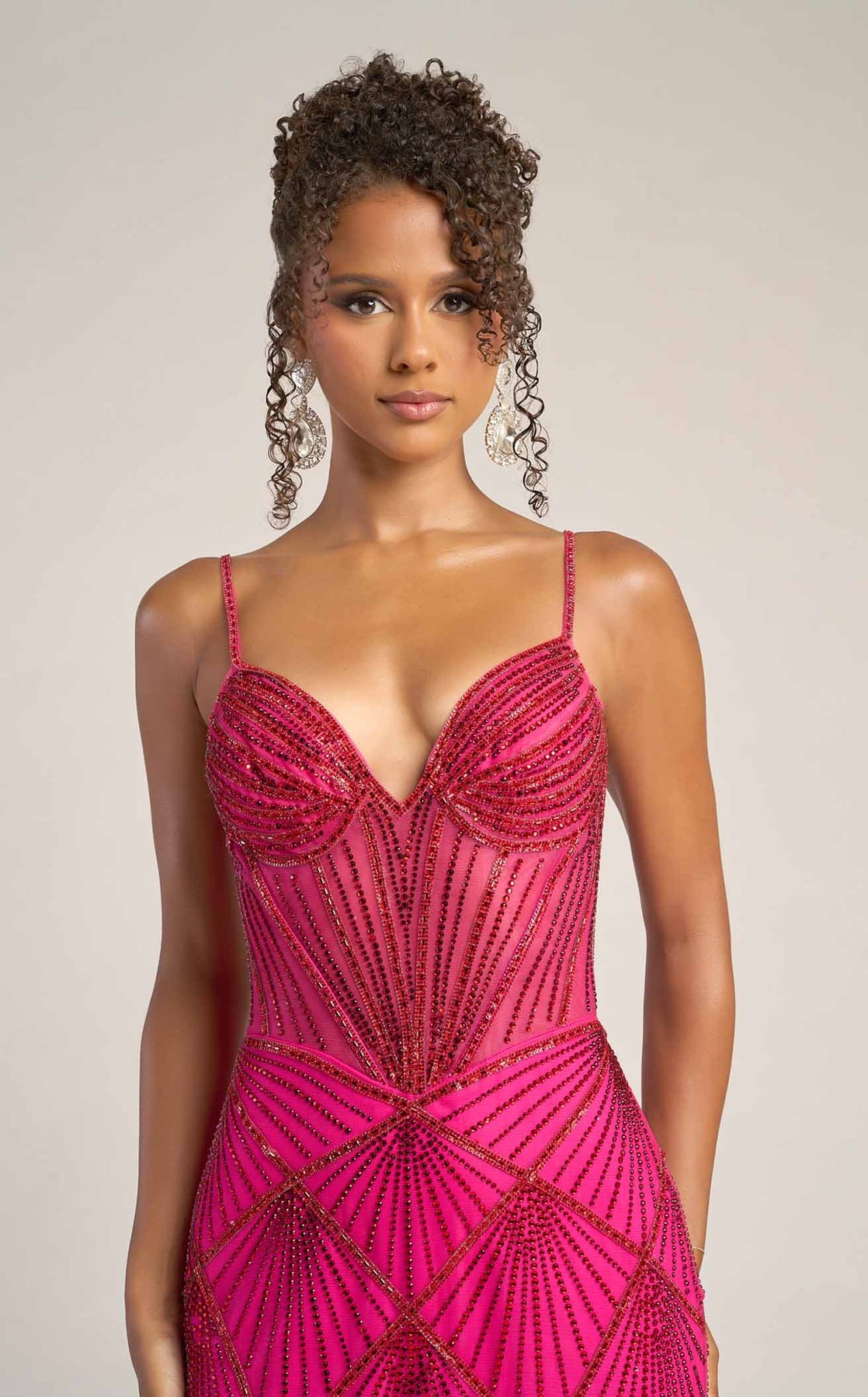 Fuchsia Red Sweetheart Floor-Length Beaded Mesh Prom Mermaid Gown Portia and Scarlett PS26263