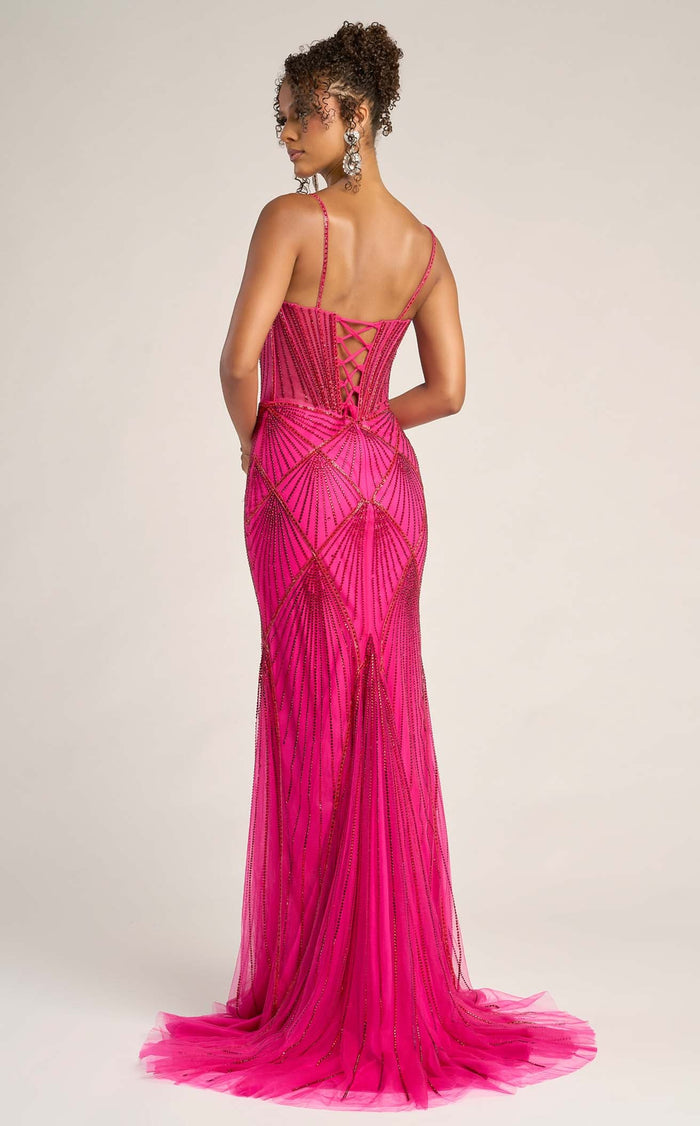 Fuchsia Red Sweetheart Floor-Length Beaded Mesh Prom Mermaid Gown Portia and Scarlett PS26263