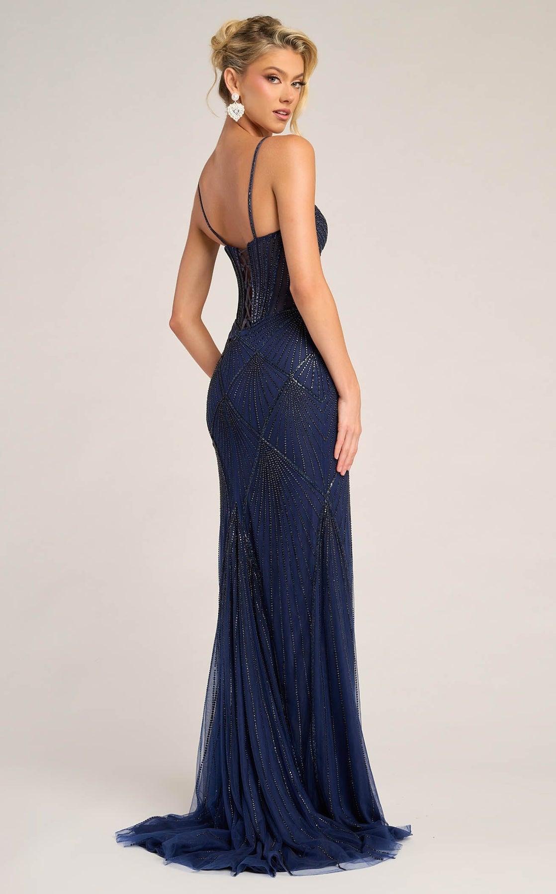 Navy Sweetheart Floor-Length Beaded Mesh Prom Mermaid Gown Portia and Scarlett PS26263