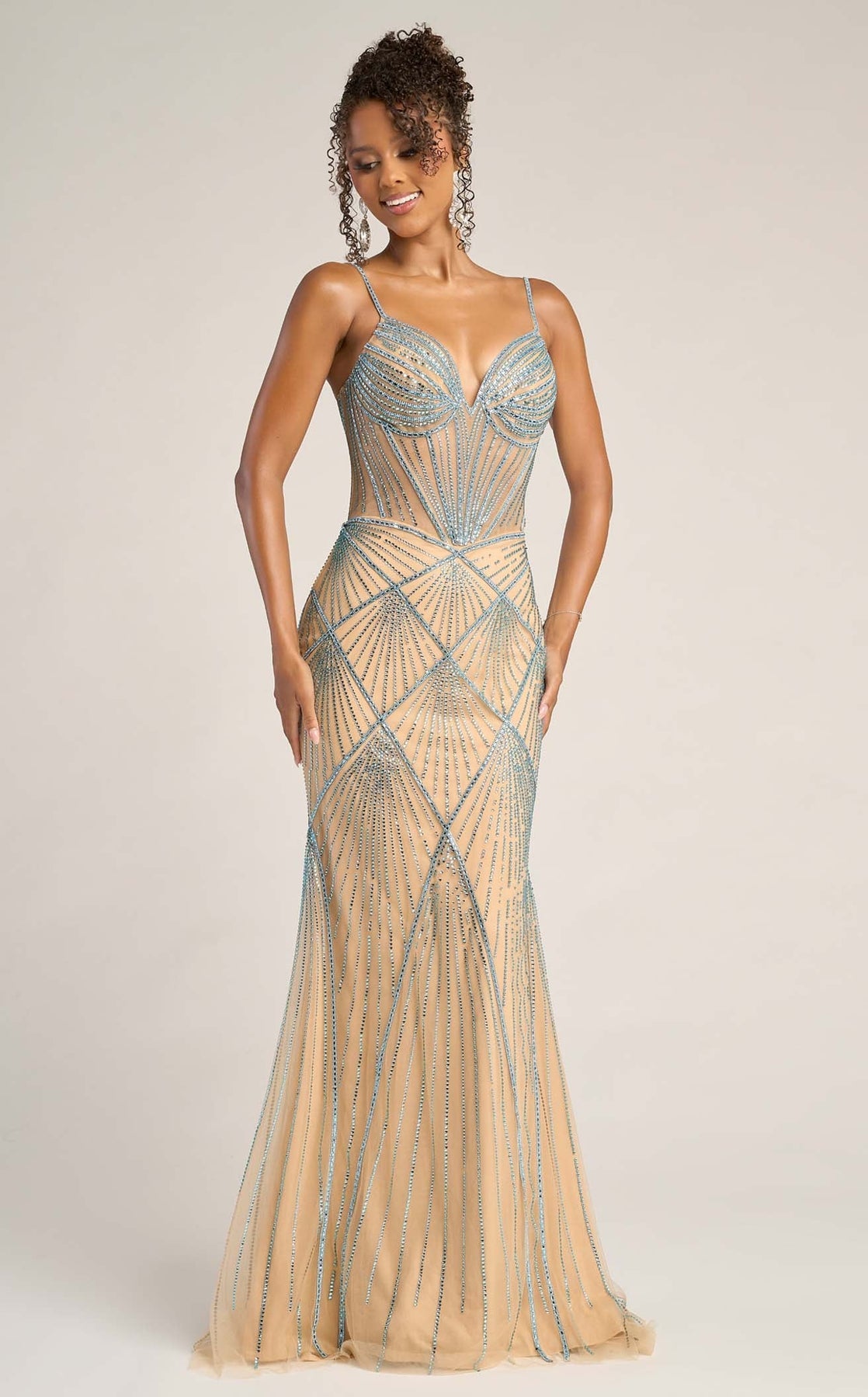 Nude Blue Sweetheart Floor-Length Beaded Mesh Prom Mermaid Gown Portia and Scarlett PS26263