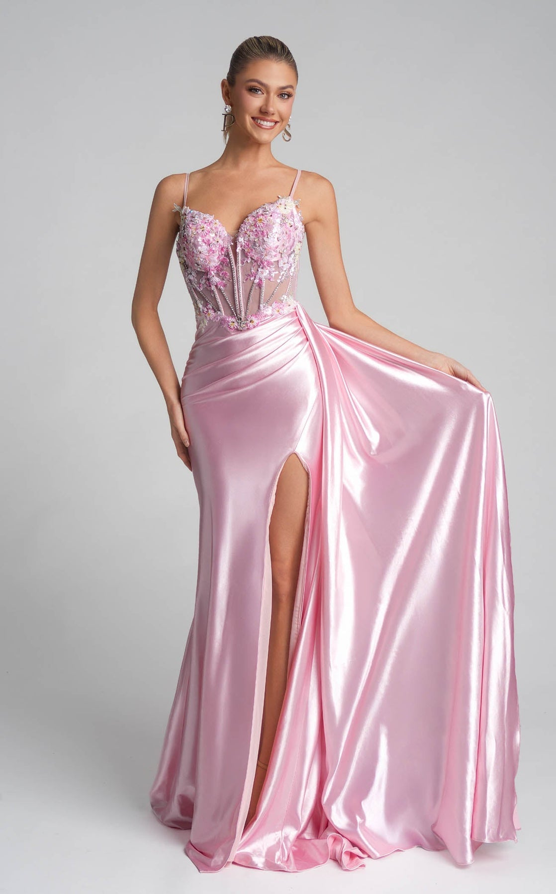 Pink Sweetheart Floor-Length Satin Prom Gown with Corset Bodice and High Slit Portia and Scarlett PS26270
