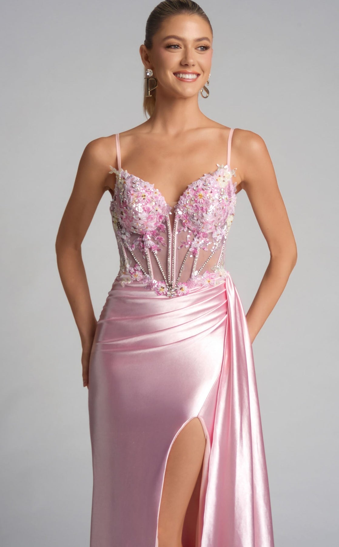 Pink Sweetheart Floor-Length Satin Prom Gown with Corset Bodice and High Slit Portia and Scarlett PS26270