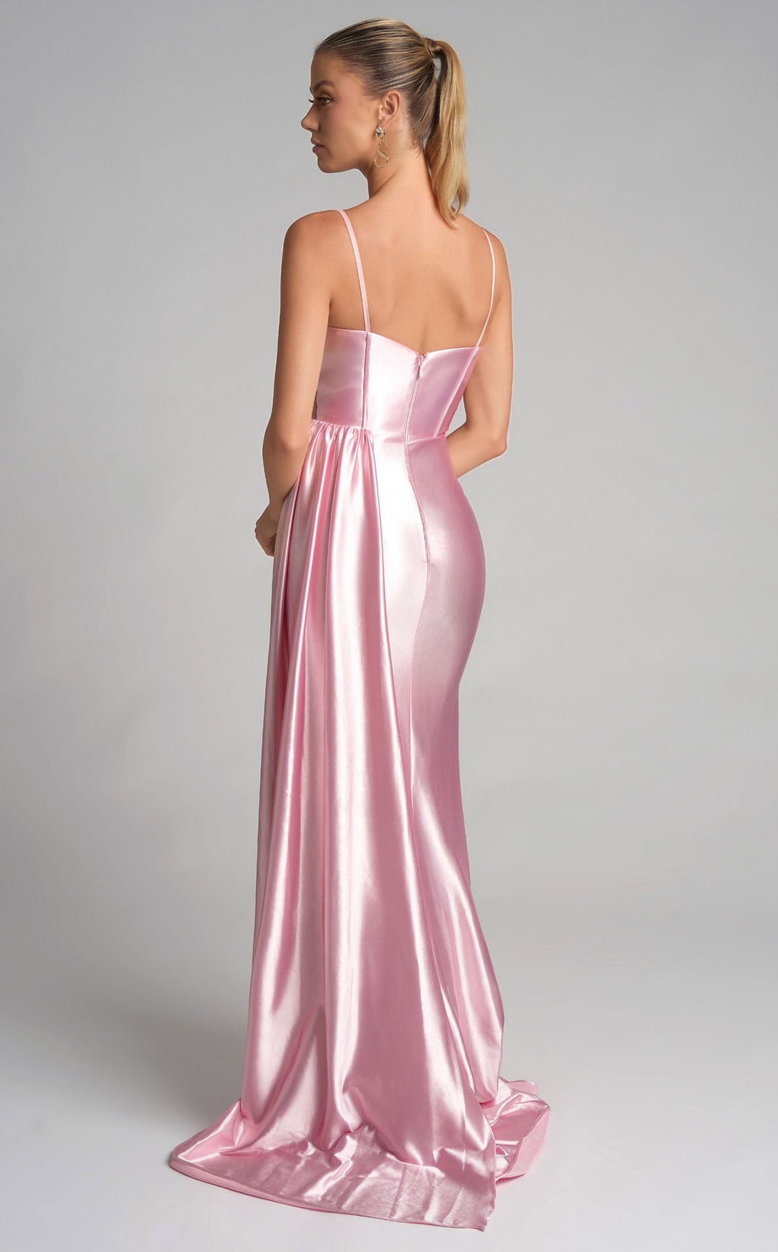 Pink Sweetheart Floor-Length Satin Prom Gown with Corset Bodice and High Slit Portia and Scarlett PS26270