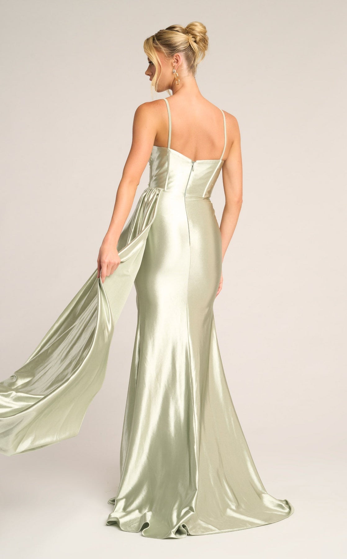 Sage Sweetheart Floor-Length Satin Prom Gown with Corset Bodice and High Slit Portia and Scarlett PS26270
