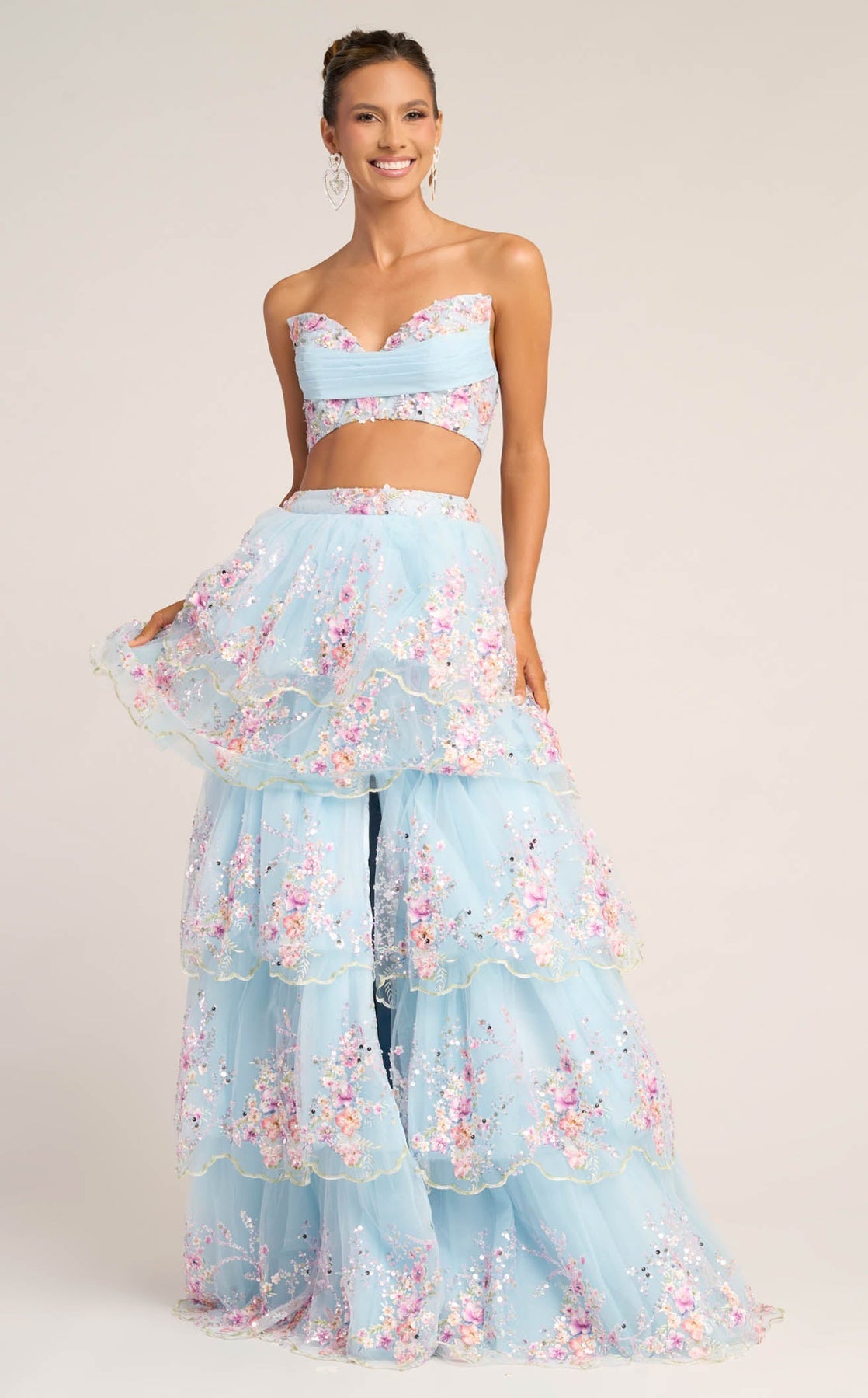 Blue Strapless Floor-Length Tulle Prom Dress Tiered Floral Two-Piece Portia and Scarlett PS26272