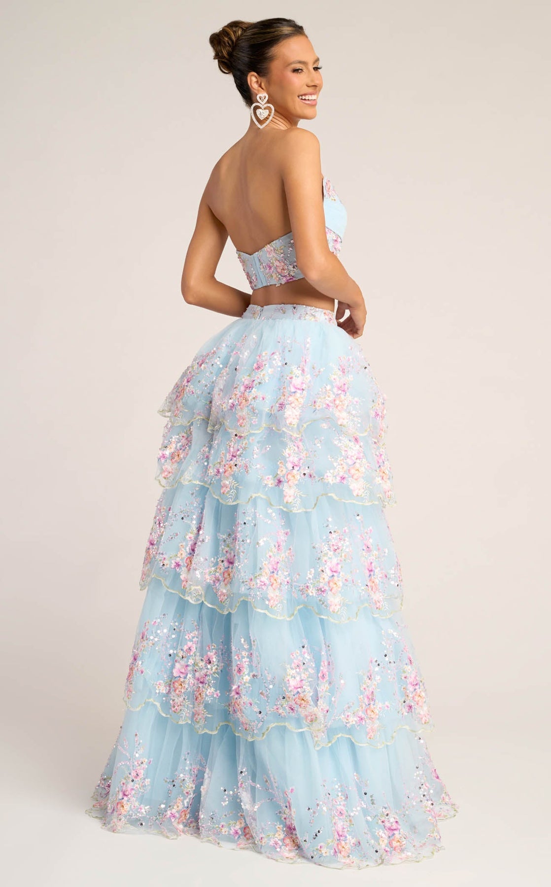 Blue Strapless Floor-Length Tulle Prom Dress Tiered Floral Two-Piece Portia and Scarlett PS26272