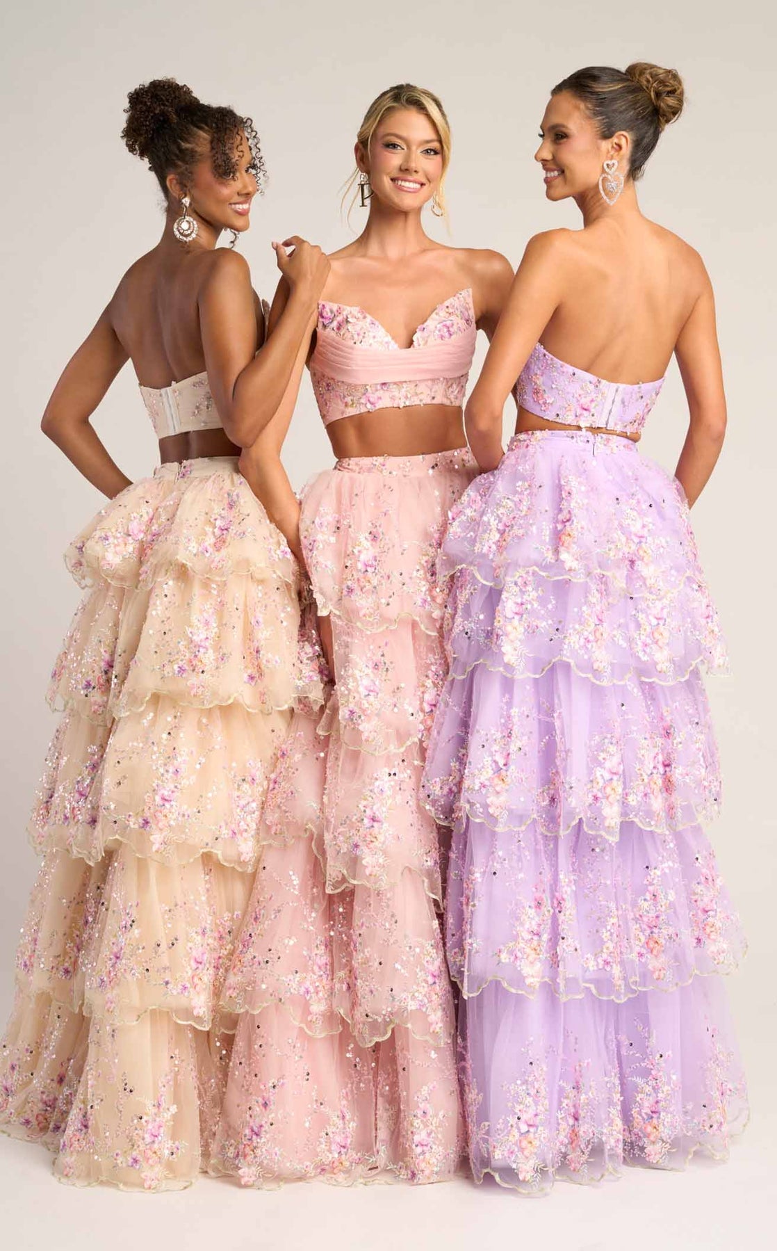 Cream Strapless Floor-Length Tulle Prom Dress Tiered Floral Two-Piece Portia and Scarlett PS26272