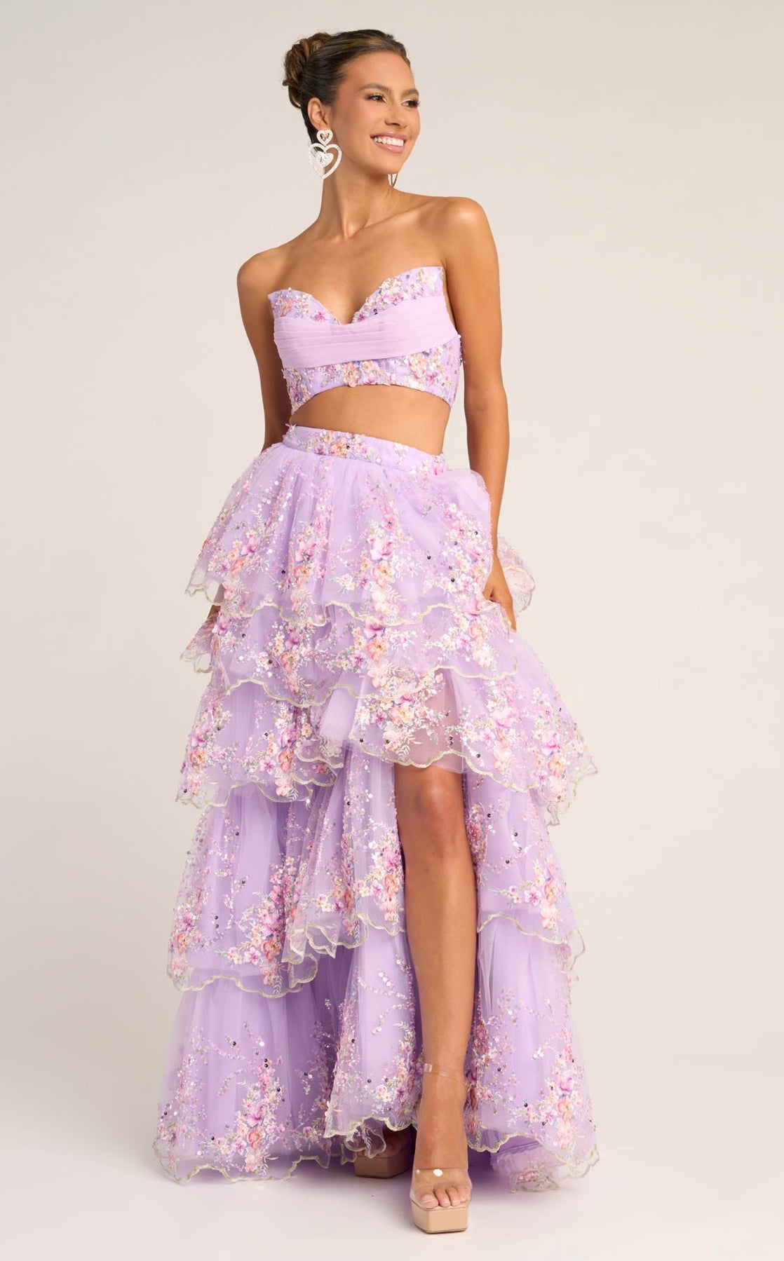 Lilac Strapless Floor-Length Tulle Prom Dress Tiered Floral Two-Piece Portia and Scarlett PS26272