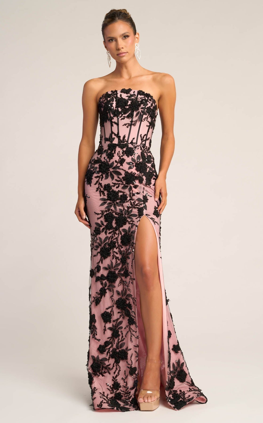 Prom Dresses Long Formal Fitted Floral Slit Prom Dress Portia and Scarlett PS26302E Black Pink