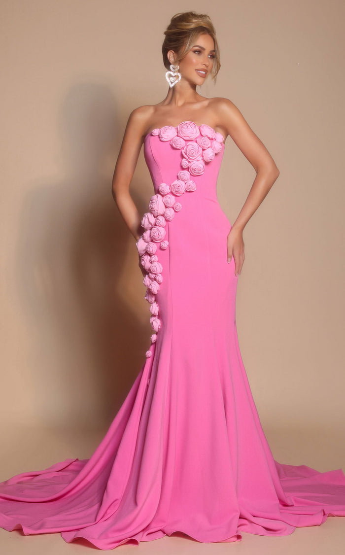 Prom Dresses 3D Floral Applique Formal Long Fitted Prom Dress Pink