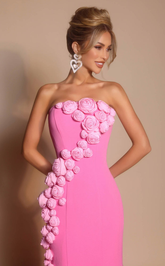 Prom Dresses 3D Floral Applique Formal Long Fitted Prom Dress Pink