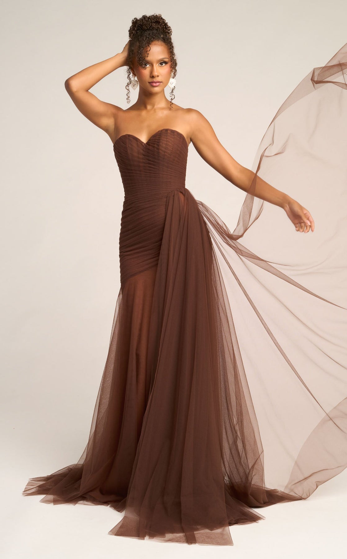 Strapless Long Tulle Evening Gown by Portia and Scarlett PS26307E in Brown