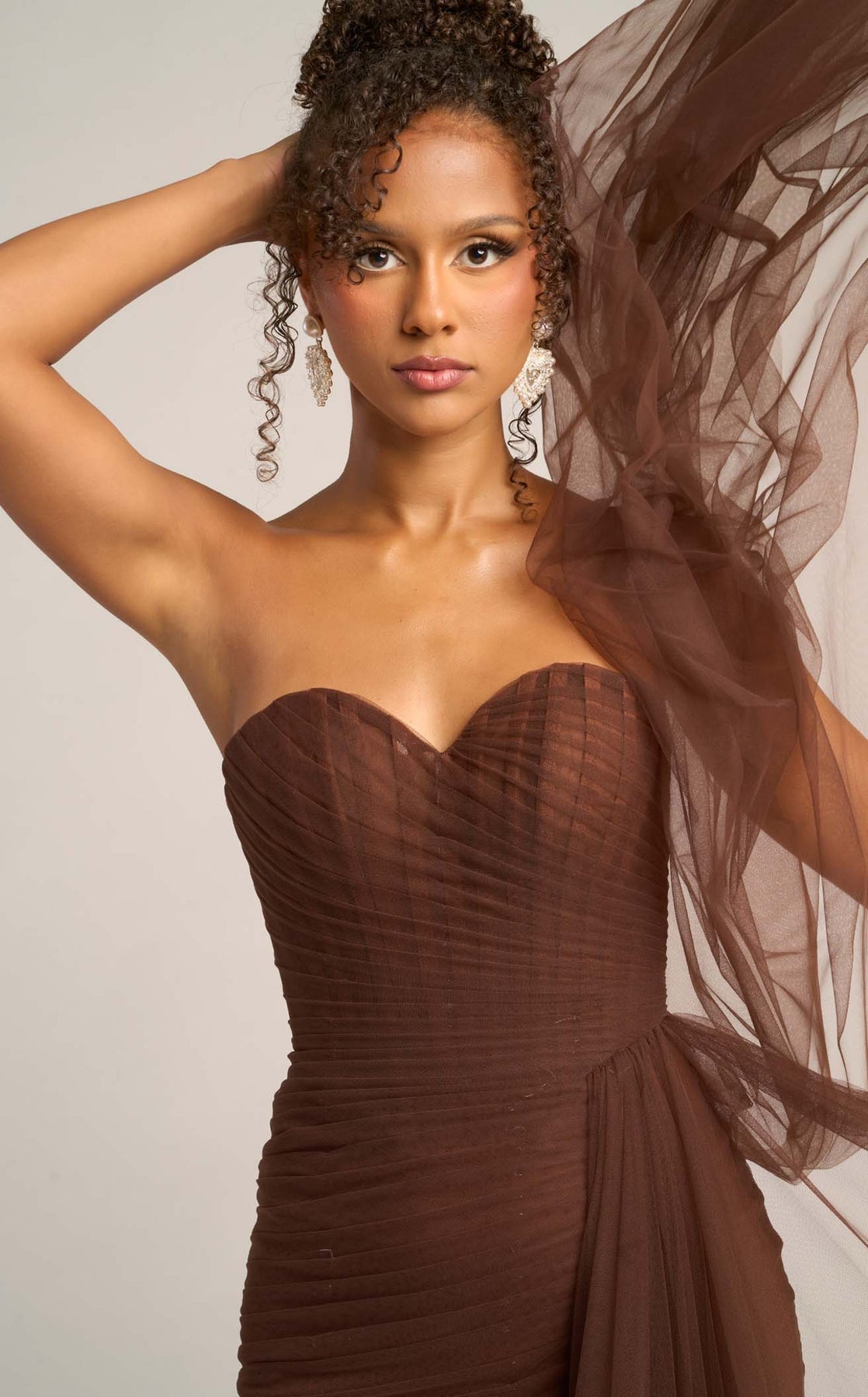 Strapless Long Tulle Evening Gown by Portia and Scarlett PS26307E in Brown