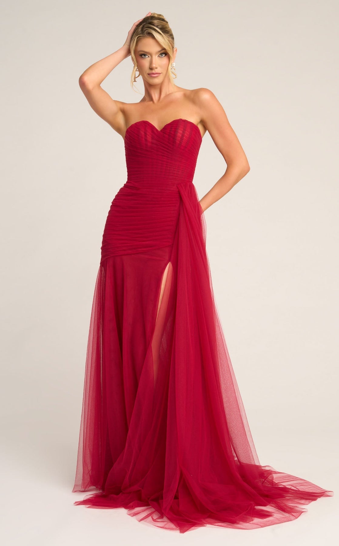 Strapless Long Tulle Evening Gown by Portia and Scarlett PS26307E in Red