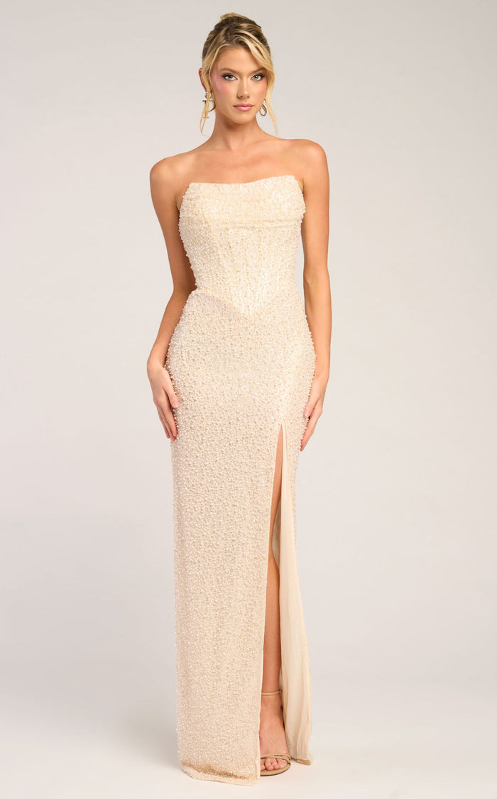 Prom Dresses Sequin Beaded Formal Long Fitted Prom Dress Cream