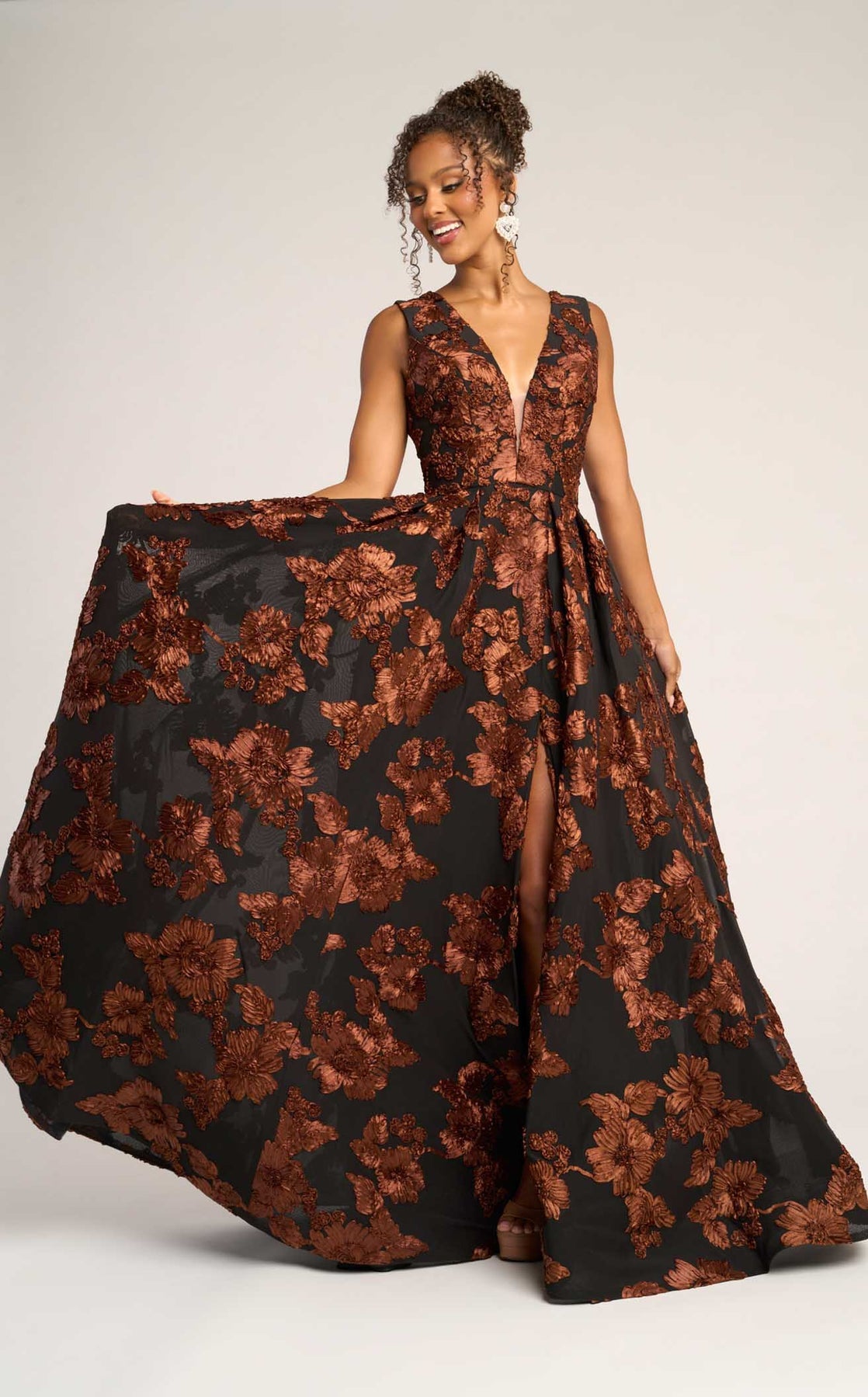 V-Neck Long Floral Prom Gown by Portia and Scarlett PS26312E in Brown Black
