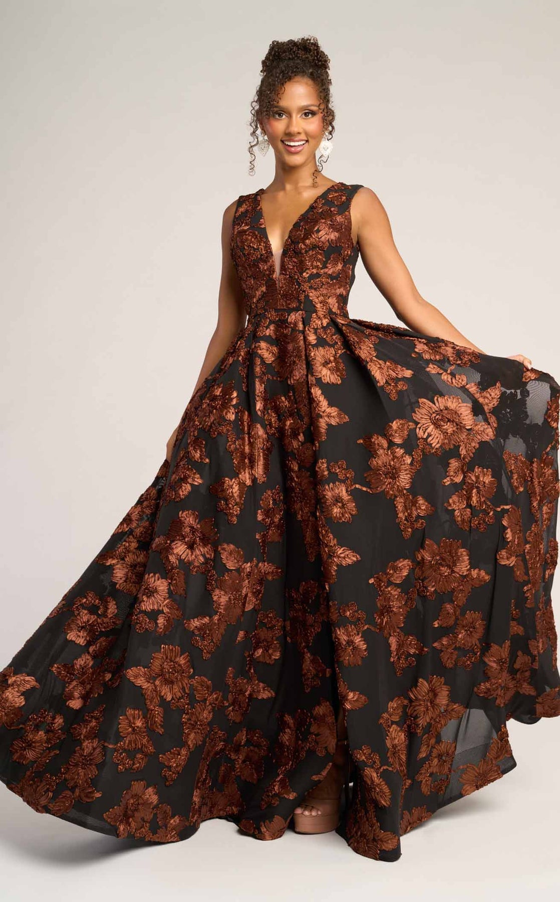 V-Neck Long Floral Prom Gown by Portia and Scarlett PS26312E in Brown Black