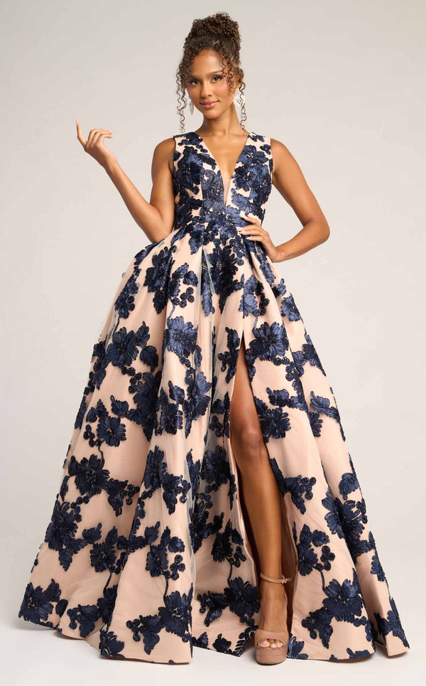 V-Neck Long Floral Prom Gown by Portia and Scarlett PS26312E