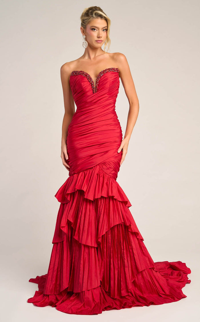 Prom Dresses Ruffle Beaded Formal Long Mermaid Prom Dress Red