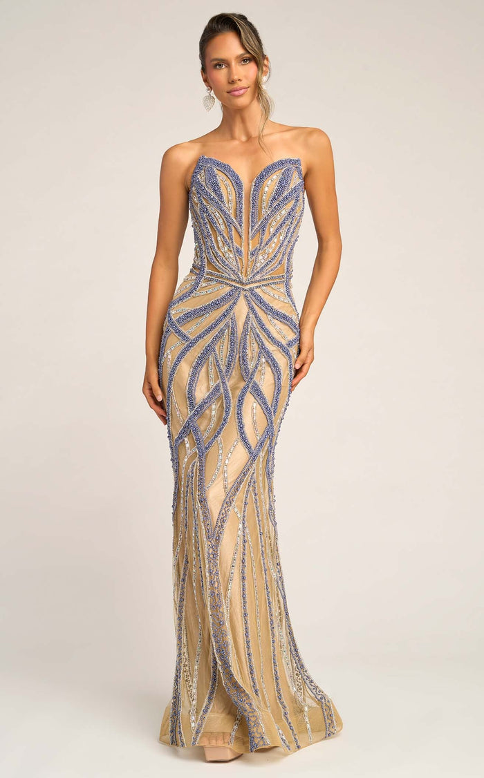 Prom Dresses Sequin Beaded Mermaid Long Formal Prom Dress Nude Blue Silver