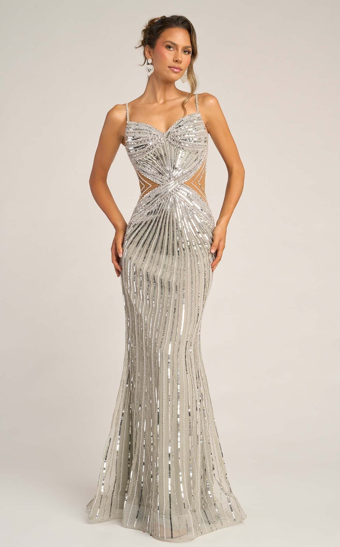 Prom Dresses Long Formal Sequin Fitted Beaded Prom Dress Silver