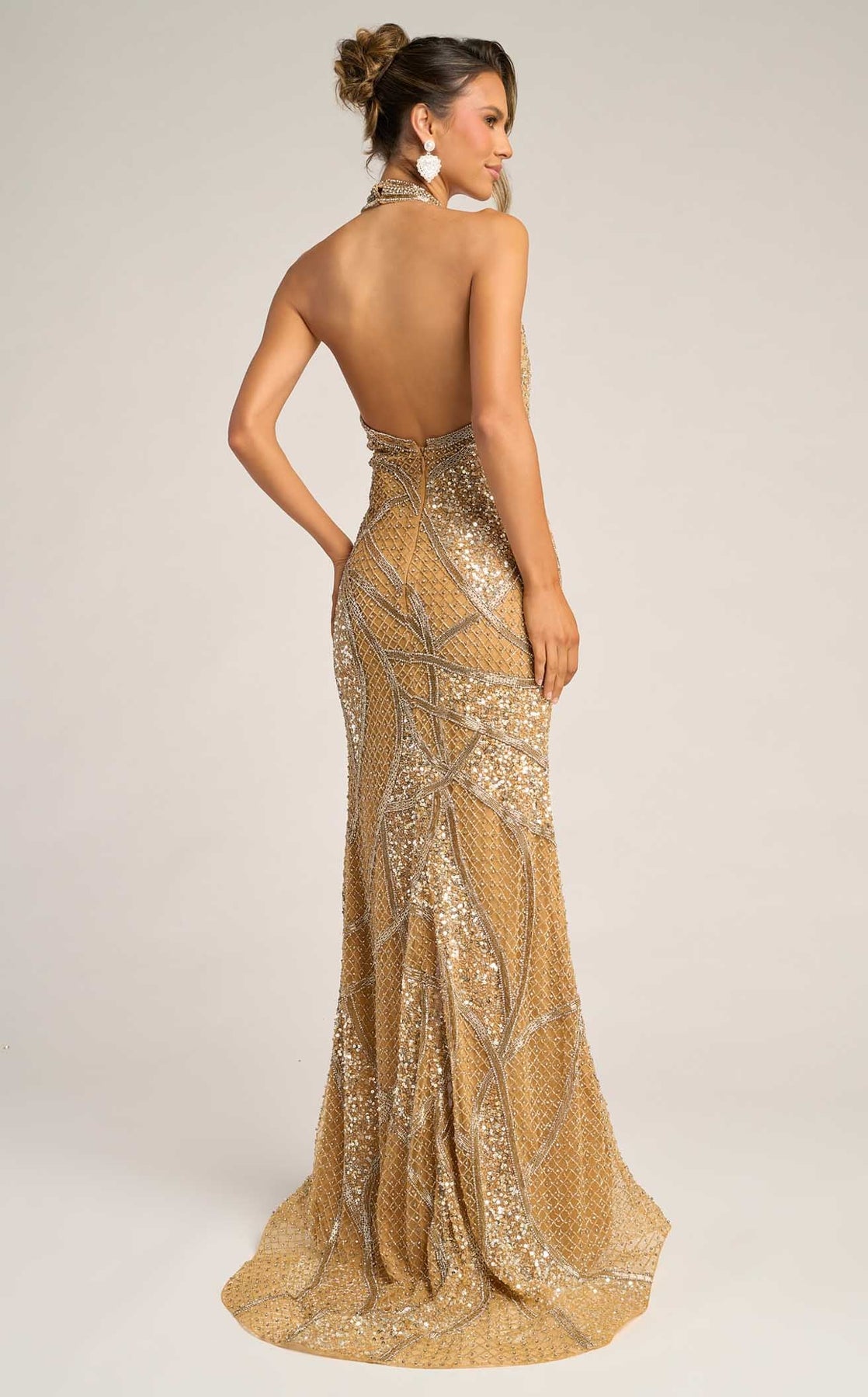 Halter Gown Sequin Prom Dress by Portia and Scarlett PS26406C in Gold