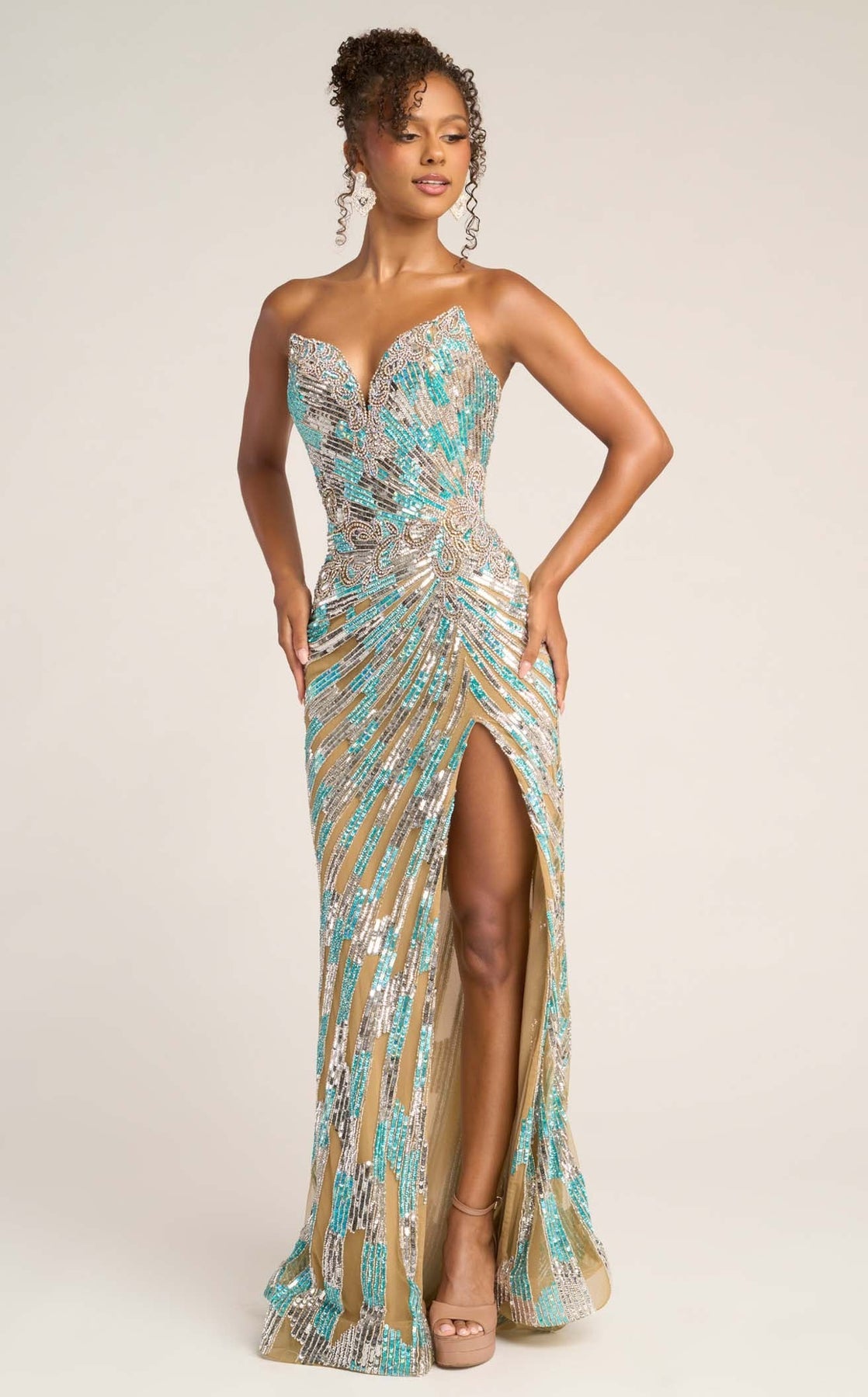 Long Beaded Sequin Corset Metallic Formal Prom Dress Portia and Scarlett PS26413C
