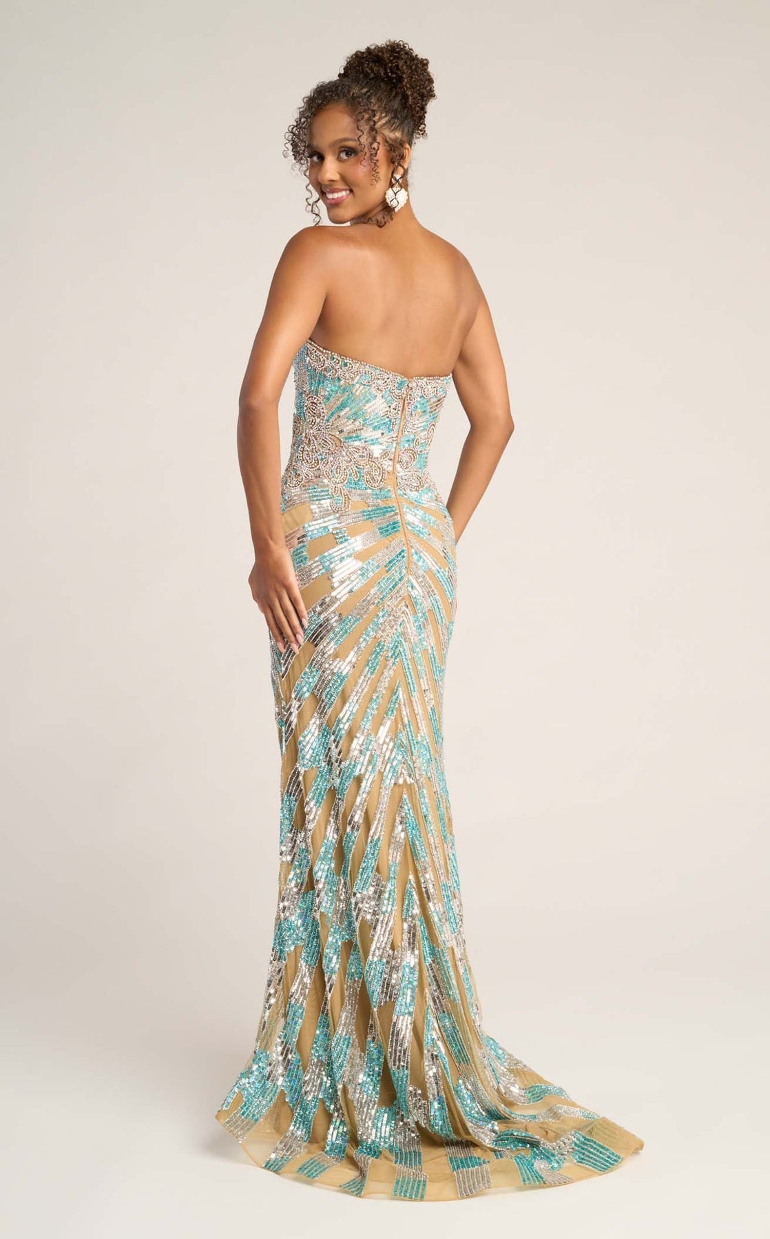 Prom Dresses Long Beaded Sequin Corset Metallic Formal Prom Dress Portia and Scarlett PS26413C Nude/Blue/Silver