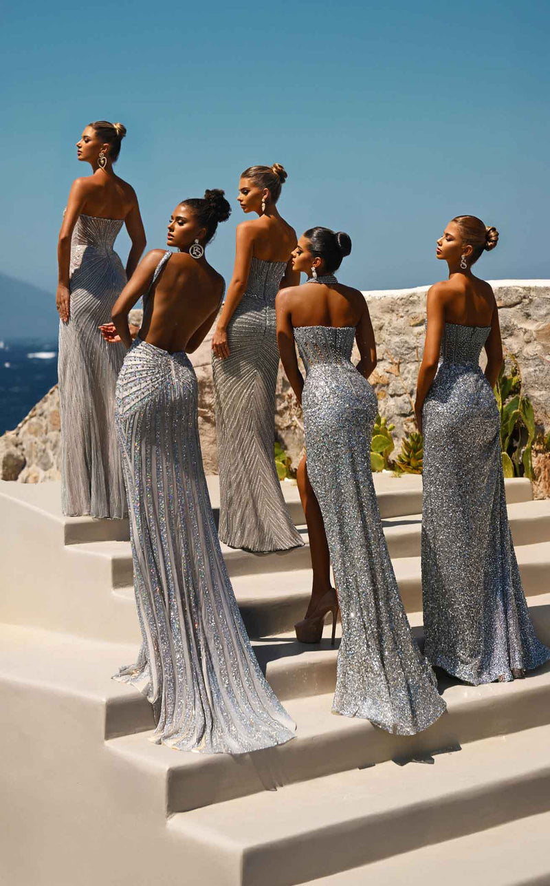 Prom Dresses Formal Corset Beaded Long Prom Dress Silver