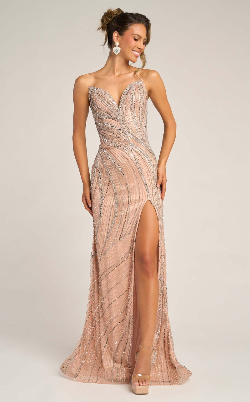 Prom Dresses Corset Sequin Beaded Formal Long Prom Dress Pink Silver
