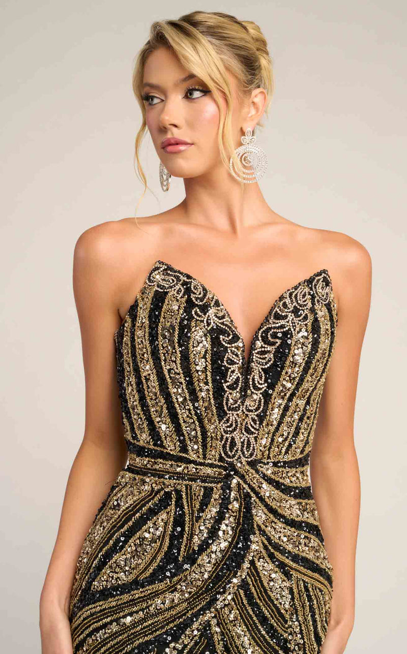 Prom Dresses Beaded Formal Long Evening Prom Dress Black Gold