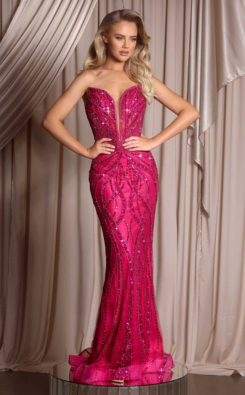 Prom Dresses Corset Formal Long Beaded Prom Dress Fuchsia