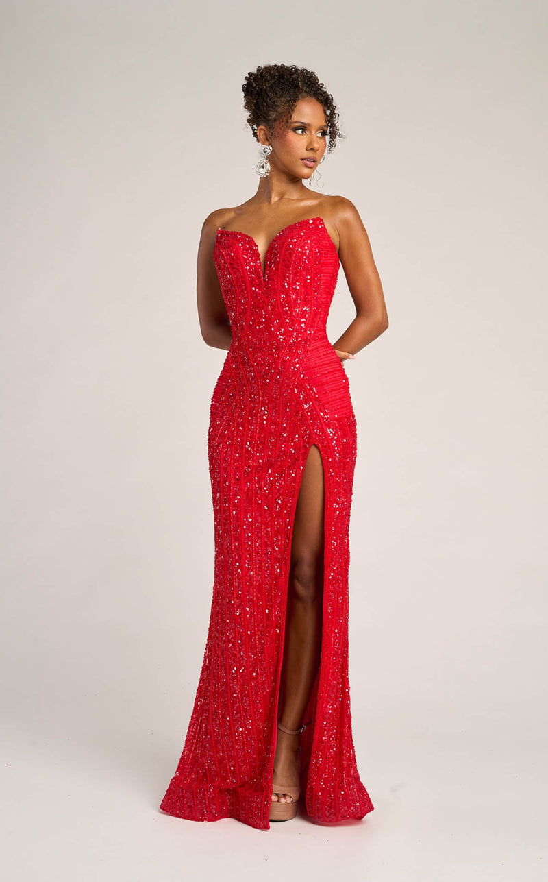 Prom Dresses Floral Applique Sequin Formal Long Beaded Prom Dress Red