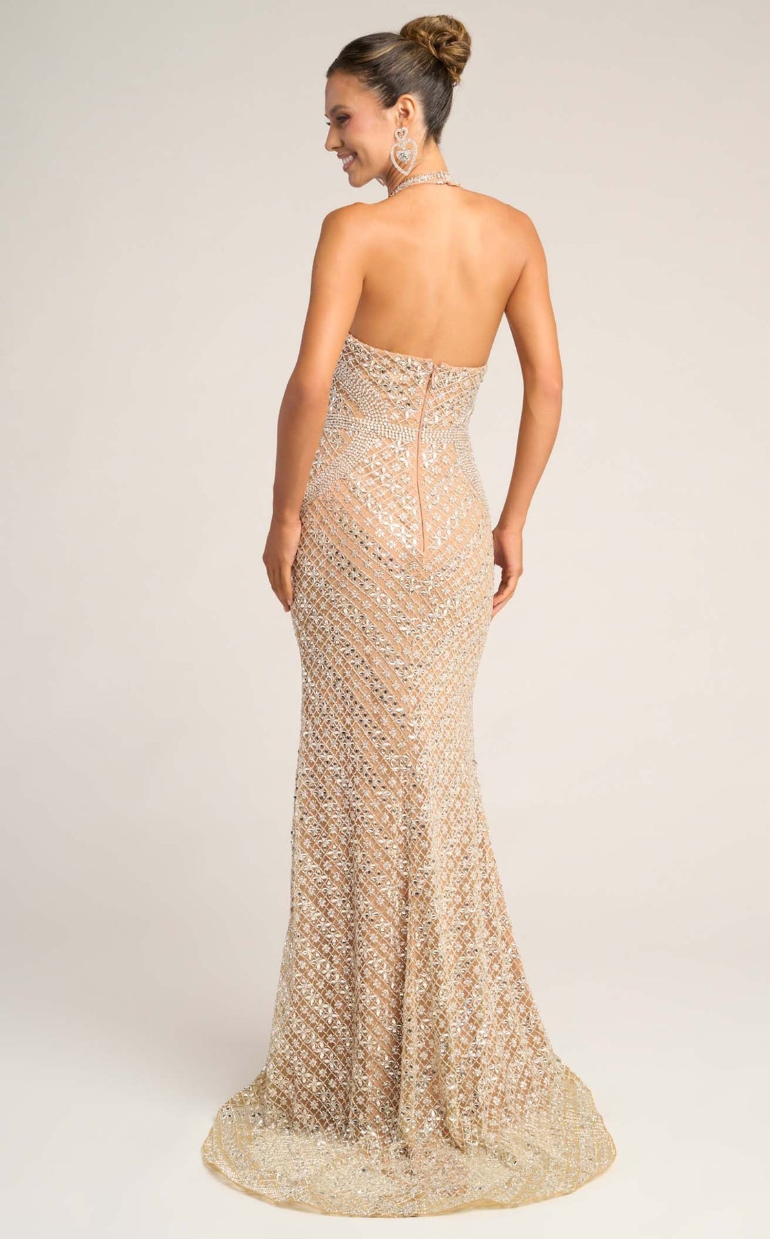 Halter Floor-Length Beaded Gown by Portia and Scarlett PS26425C in Nude/Silver