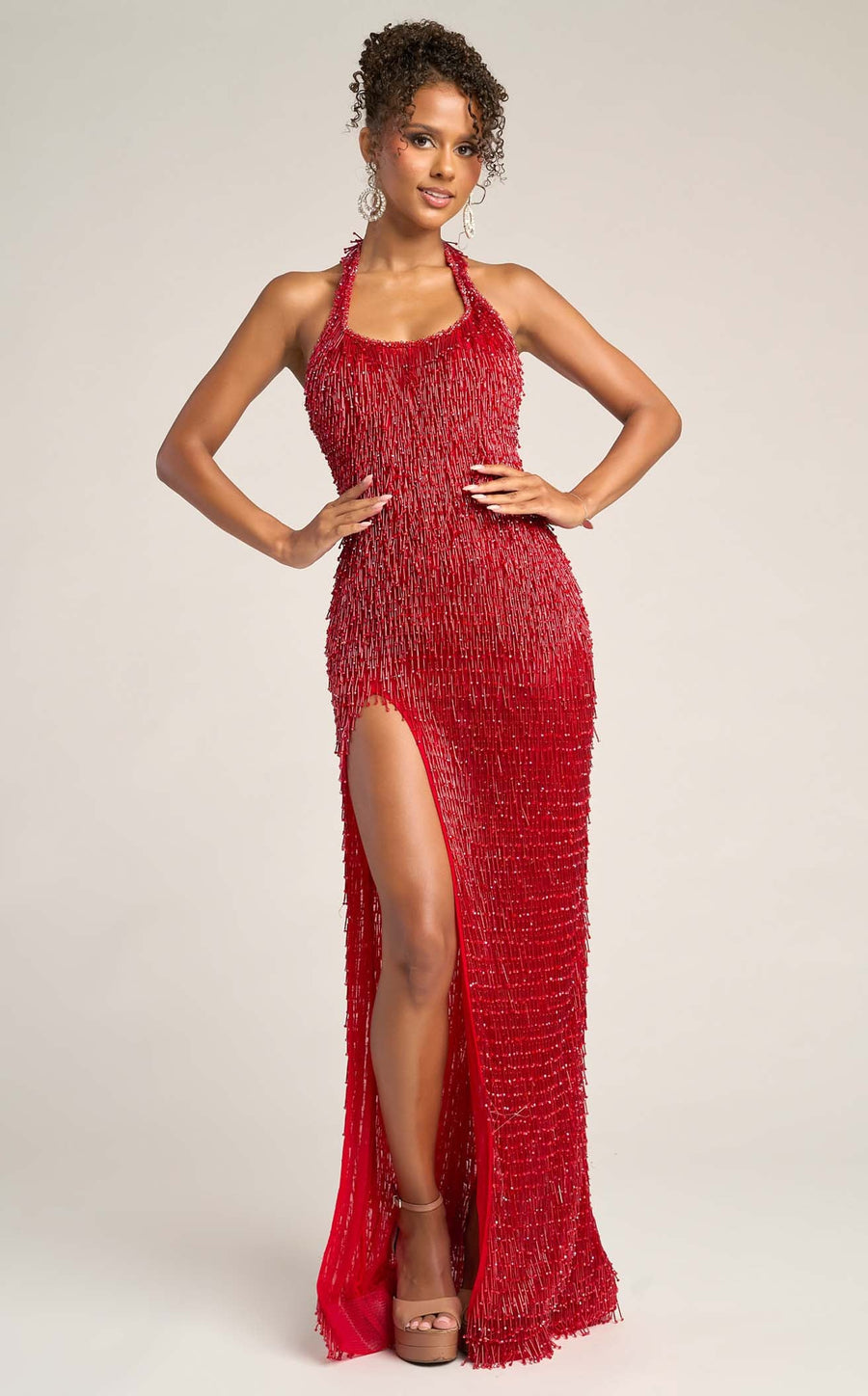 Halter Beaded Fringe Gown by Portia and Scarlett PS26452C in Red