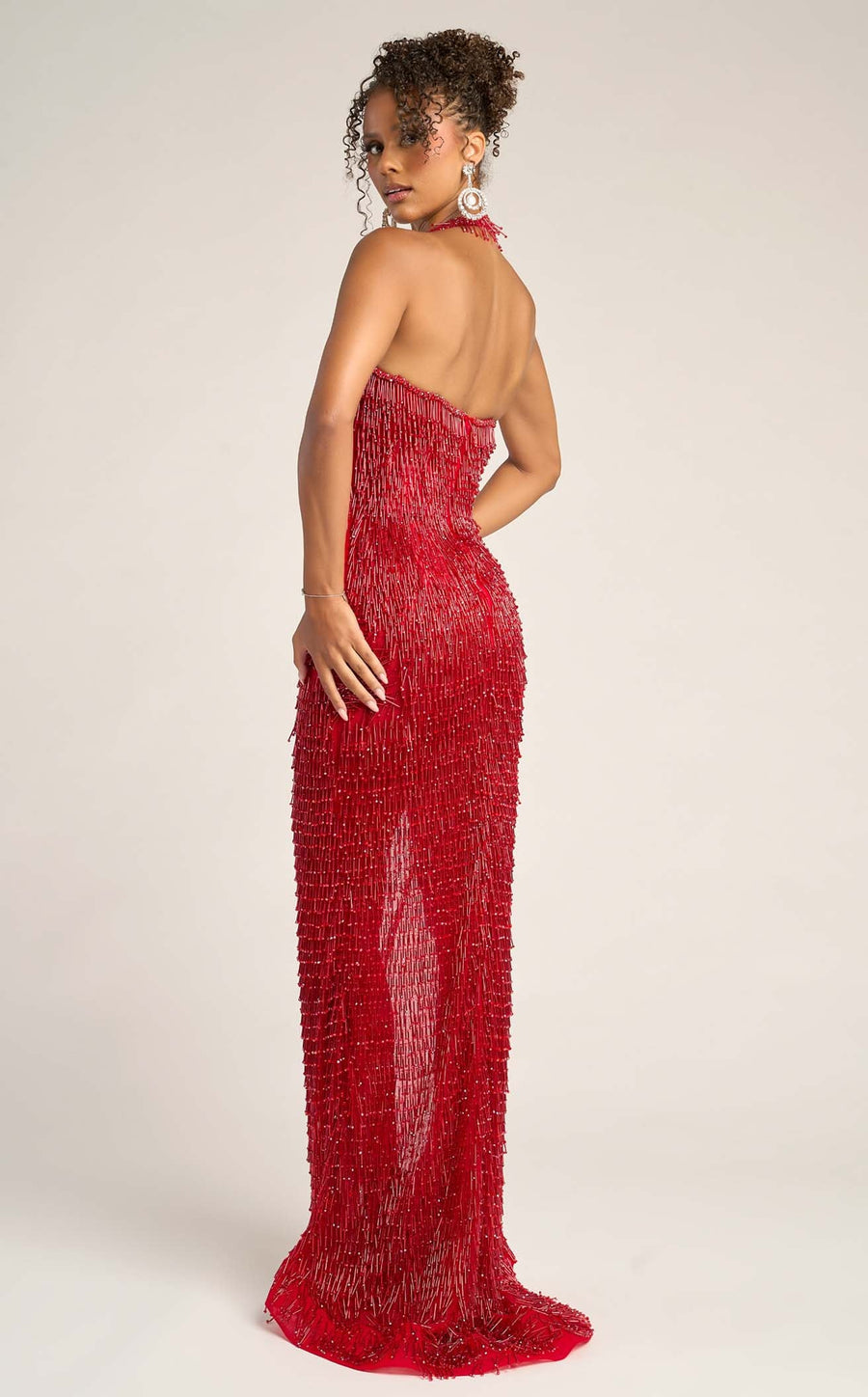 Halter Beaded Fringe Gown by Portia and Scarlett PS26452C in Red