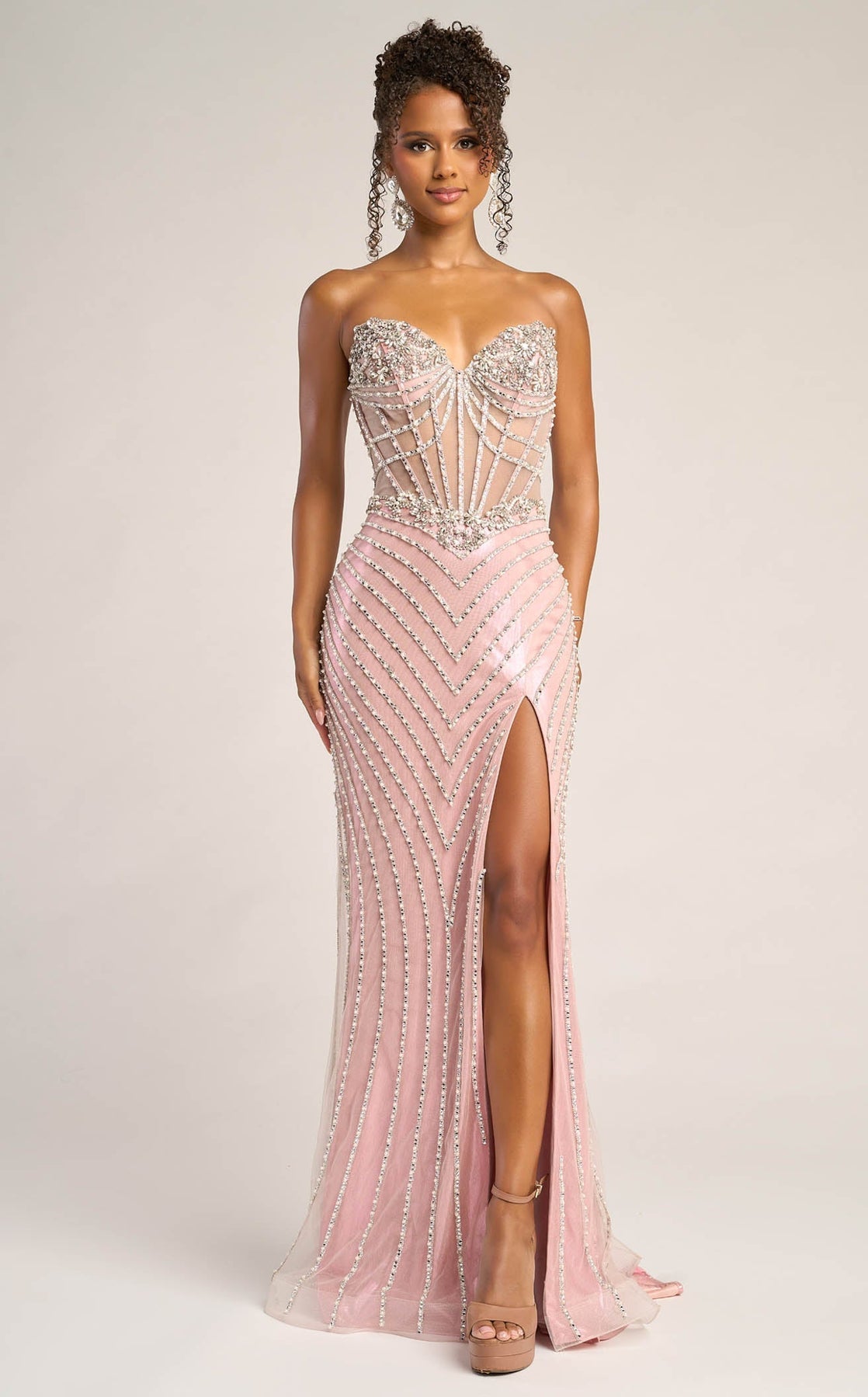 Strapless Long Beaded Prom Gown by Portia and Scarlett XO057 in Apricot