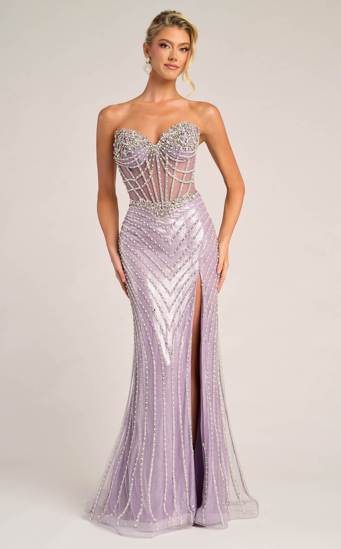 Strapless Long Beaded Prom Gown by Portia and Scarlett XO057 in Lavender