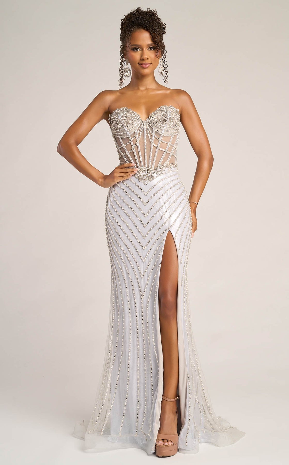 Strapless Long Beaded Prom Gown by Portia and Scarlett XO057 in Silver