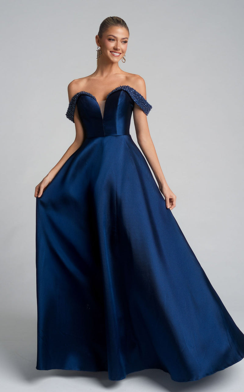 Prom Dresses Long Formal A Line Beaded Prom Dress Portia and Scarlett XO117  Navy