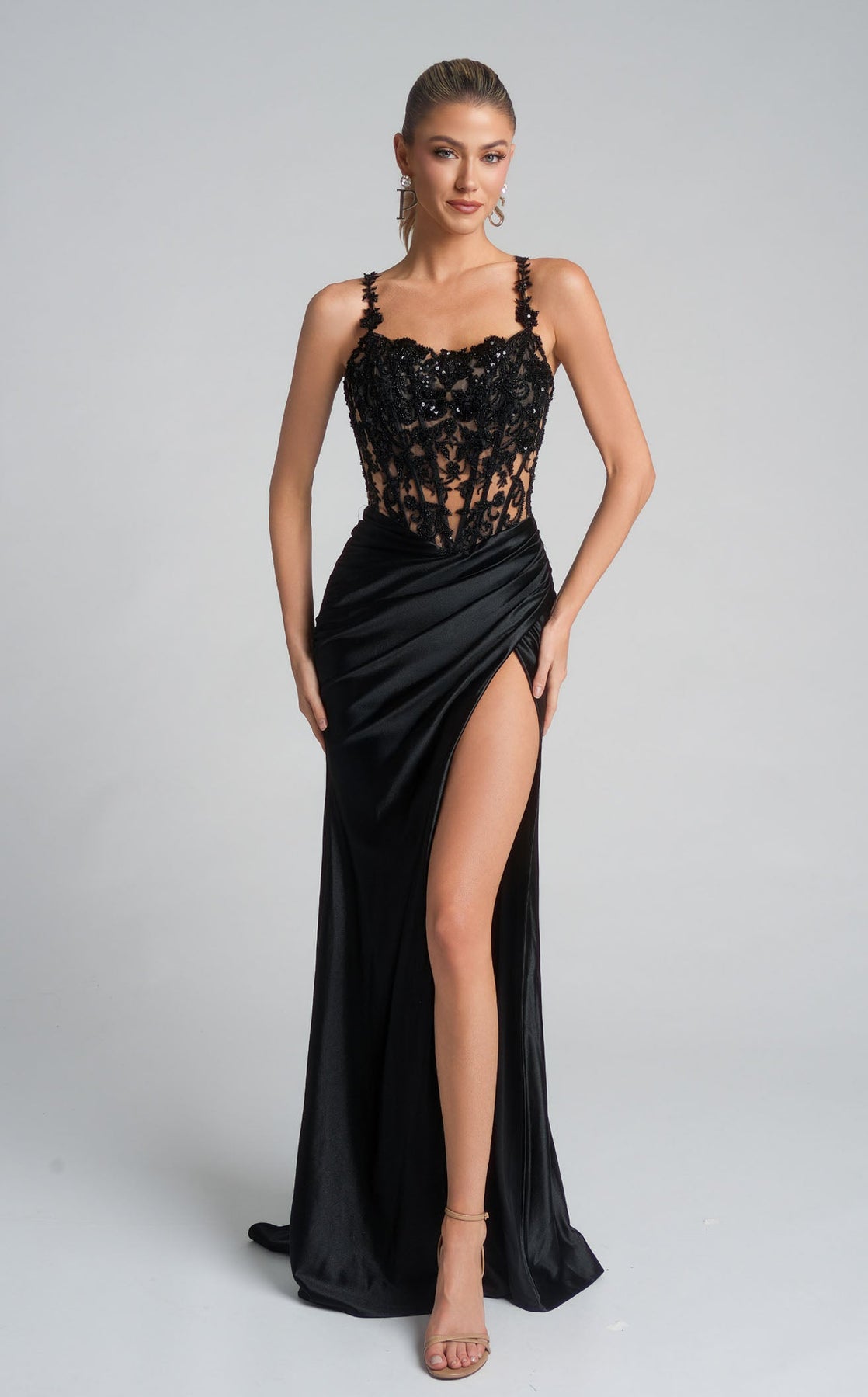 Prom Dresses Lace Long Formal Floral Prom Dress Black