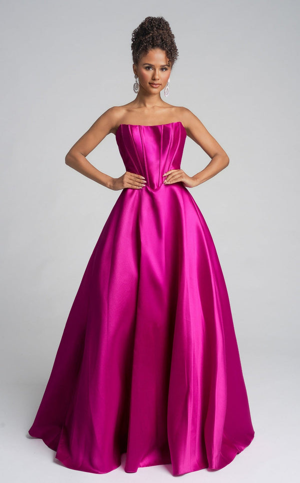 Long Formal Ball Gown Pleated Corset Metallic Prom Dress Portia and Scarlett XO124