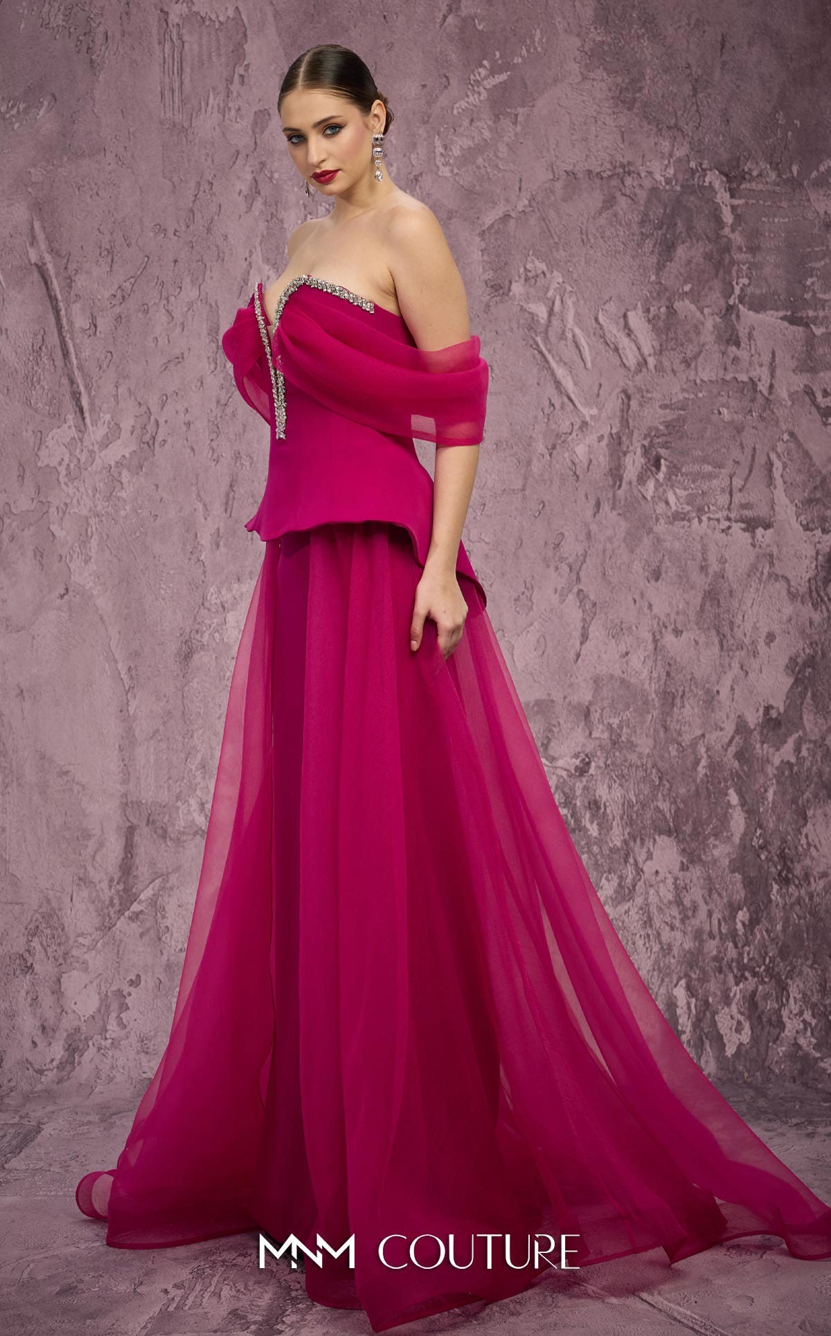 Off-Shoulder Sweetheart Ball Gown by MNM Couture Q1010 in Fuchsia