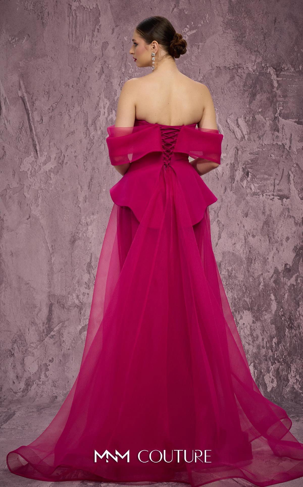 Off-Shoulder Sweetheart Ball Gown by MNM Couture Q1010 in Fuchsia