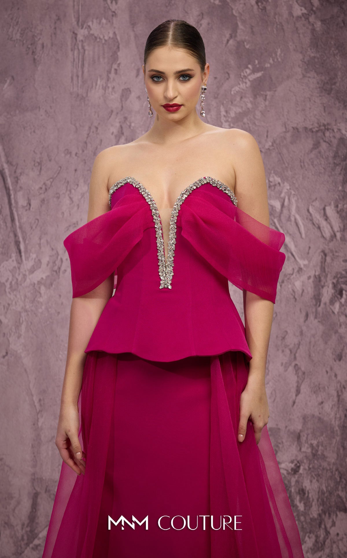 Off-Shoulder Sweetheart Ball Gown by MNM Couture Q1010 in Fuchsia