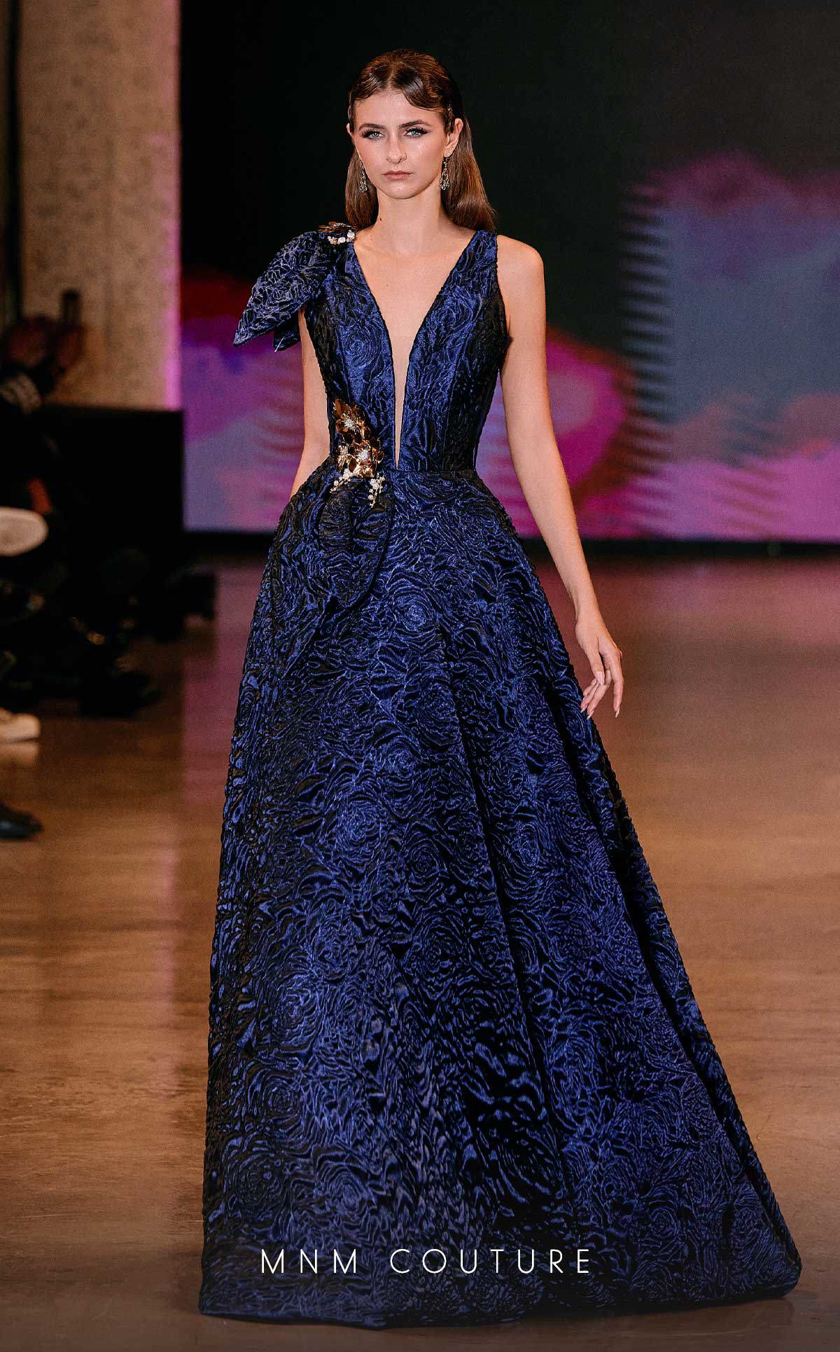 Plunging Neck Full Length Jacquard Evening Gown by MNM Couture Q1150 in Navy Blue