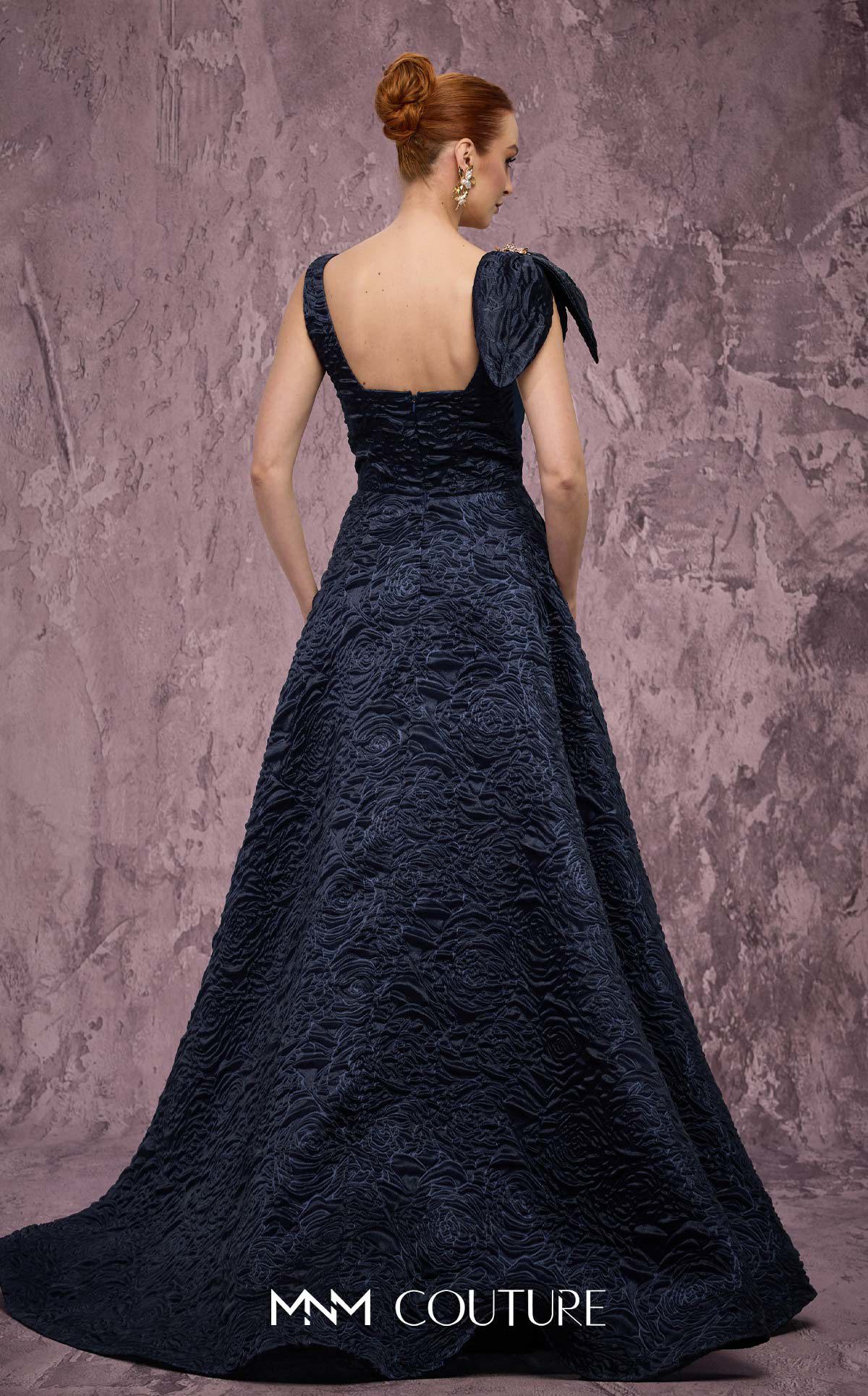 Plunging Neck Full Length Jacquard Evening Gown by MNM Couture Q1150 in Navy Blue