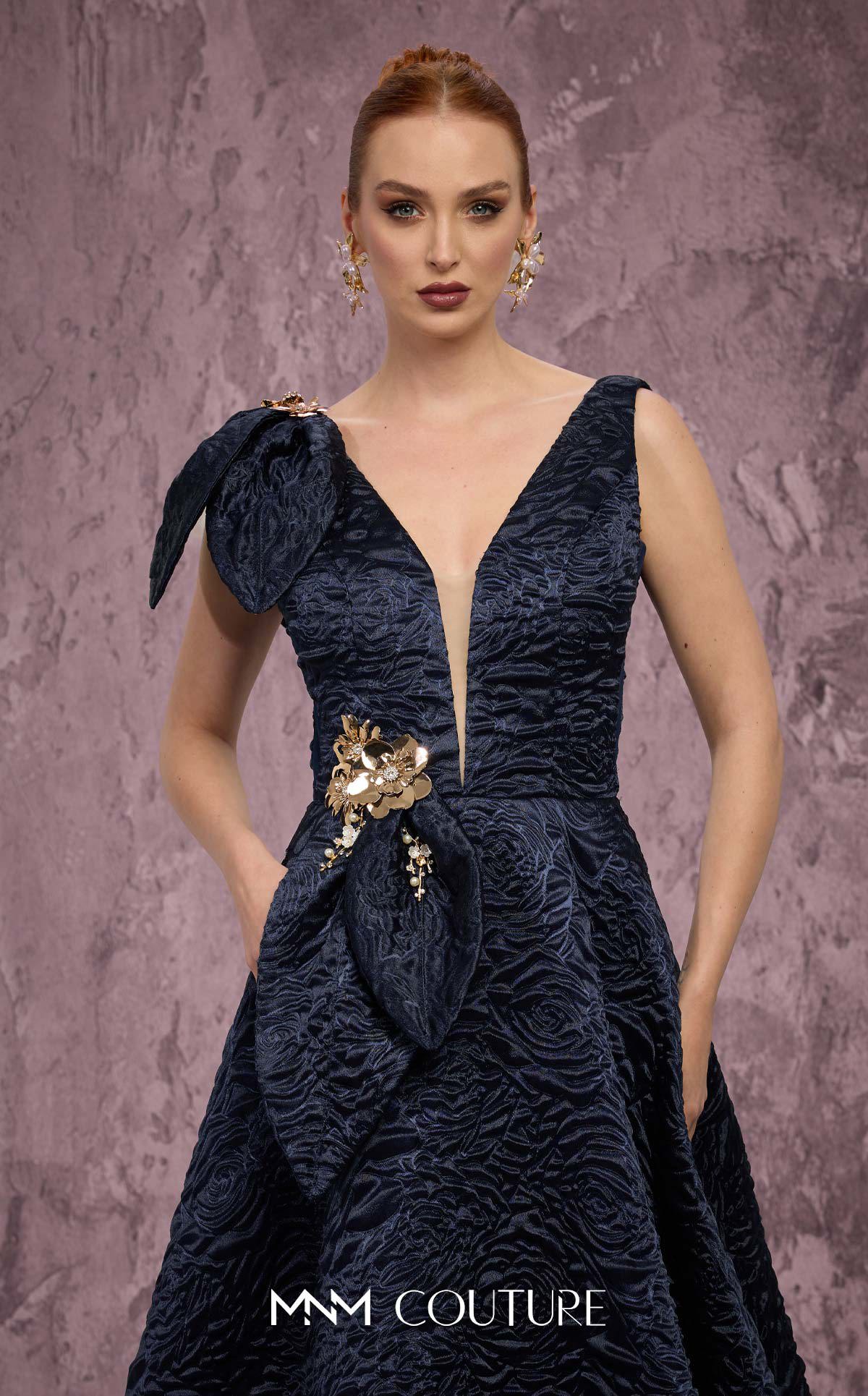 Plunging Neck Full Length Jacquard Evening Gown by MNM Couture Q1150 in Navy Blue