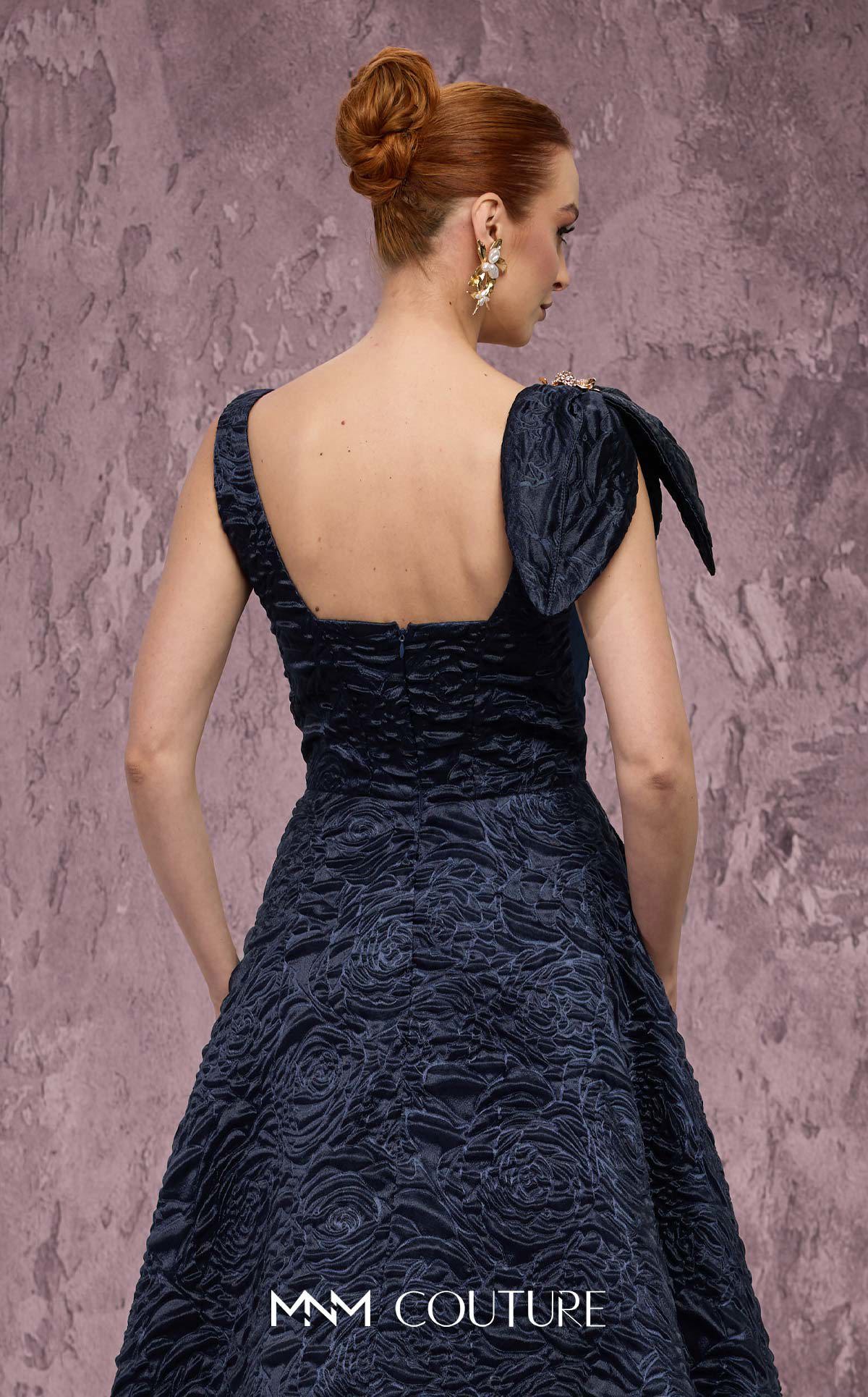 Plunging Neck Full Length Jacquard Evening Gown by MNM Couture Q1150 in Navy Blue