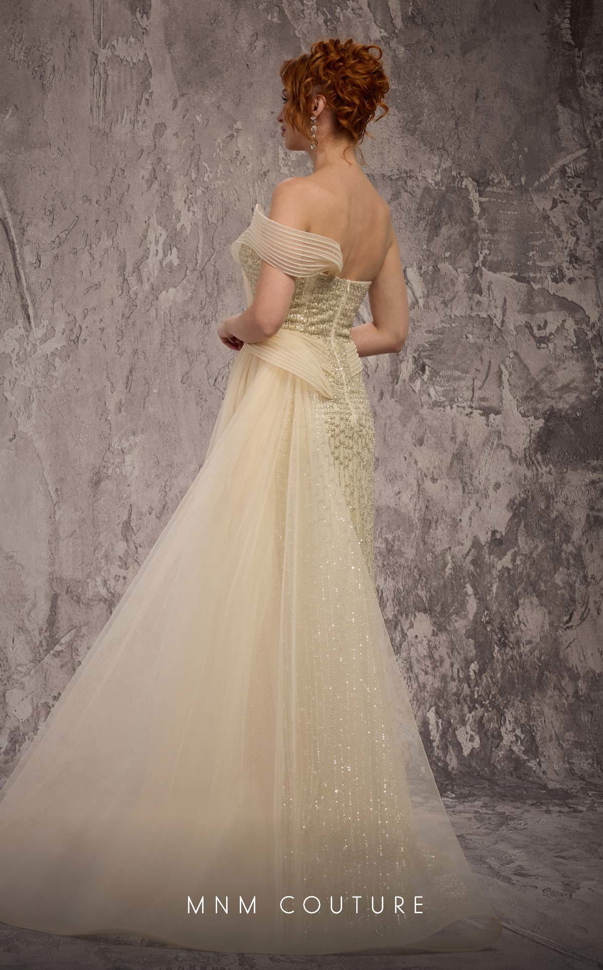 Strapless Beaded Sequin Evening Gown by MNM Couture Q1405 in Beige